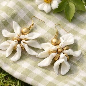Handcrafted White and Gold Floral Drop Earrings - Women Jewelry
